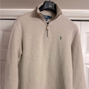Polo Ralph Lauren, medium half zip sweater oatmeal color, gray polo on front
